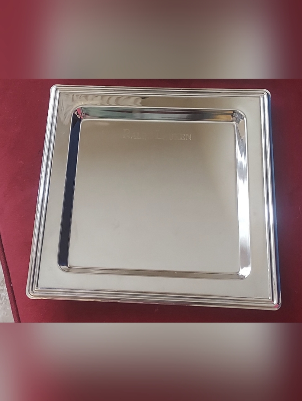 Ralph Lauren Set Of 2 Engraved Polished Square Metal Serving Tray  Silver Finish